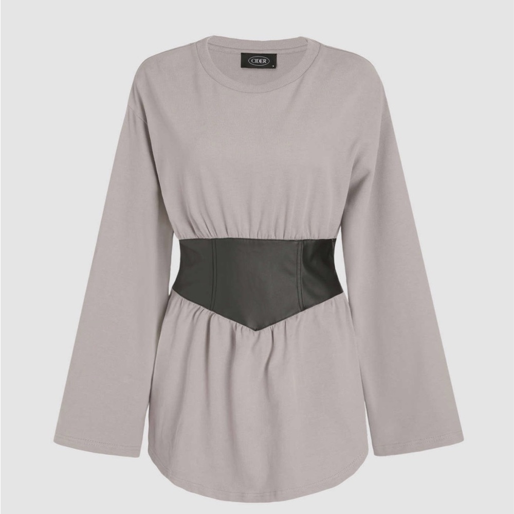 Gray Long Sleeve Top with Black Waist Detail